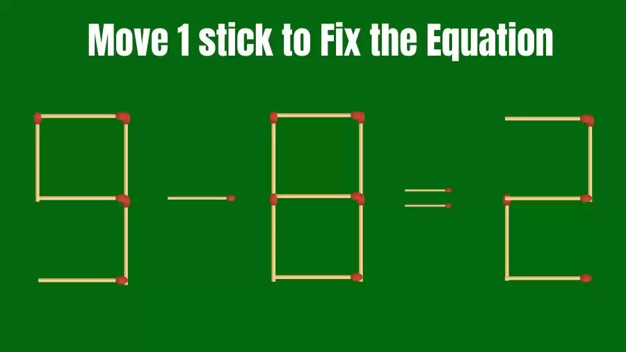 Matchstick Brain Teaser: Can You Move 1 Matchstick to Fix the Equation 9-8=2? Matchstick Puzzles