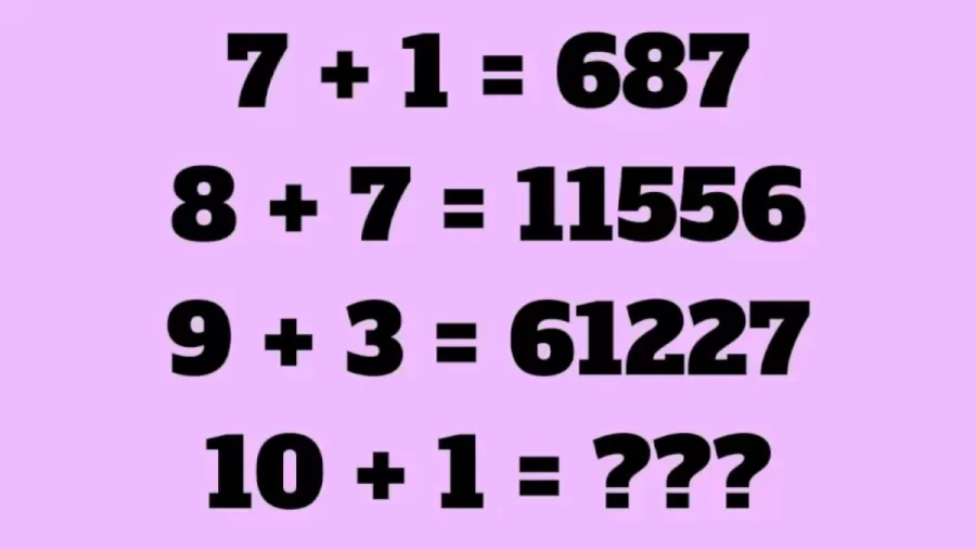 Brain Teaser Math Puzzle - If 7+1=687, 8+7=11556, 9+3=61227, Then 10+1=? Solve This