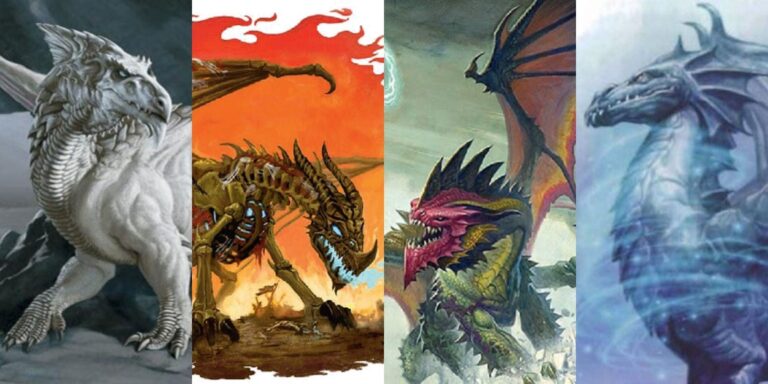 Collage of illustrations of Arauthator, Dragotha, Io, and Bahamut dragons from Dungeons & Dragons illustrations