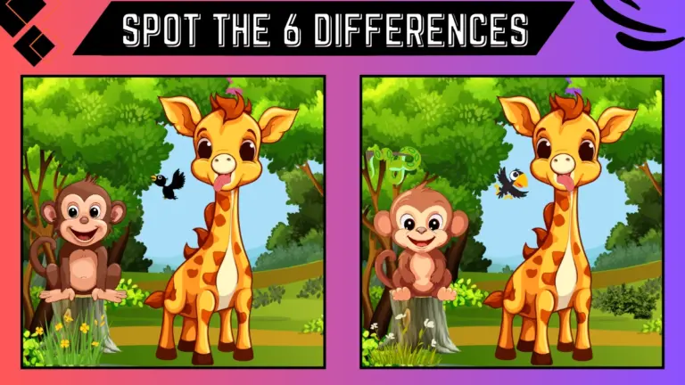 Spot the Difference Game: Only 20/20 Vision Can Spot the 6 Differences in this Giraffe and Monkey Image in 14 Secs