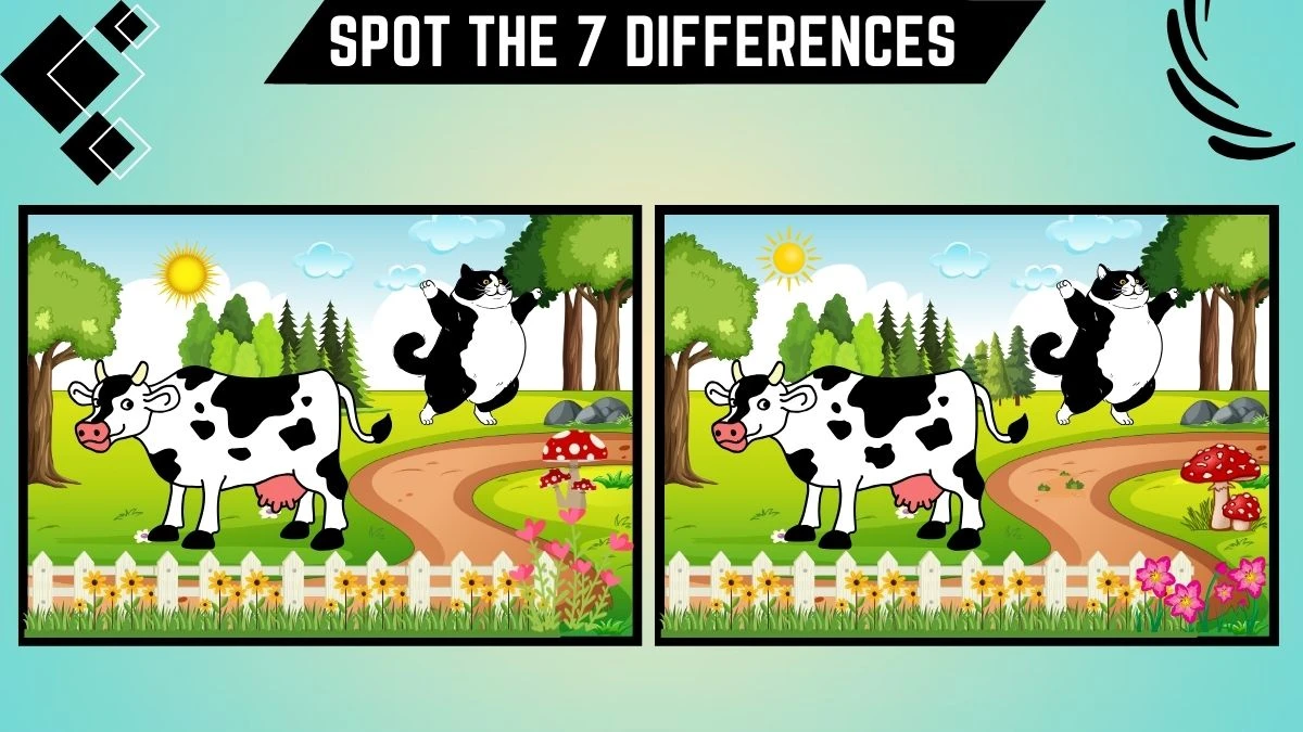 Spot the 7 Difference Picture Puzzle Game: Only People with Razor-Sharp Eyes Can Spot the 7 Differences in this Cow and Cat Image in 18 Secs