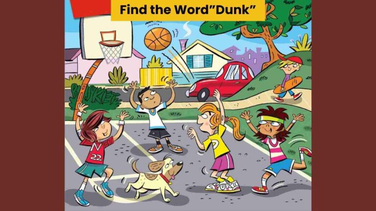 Picture Puzzle IQ Test: Find the word “dunk” in the basketball court scene in 5 seconds!