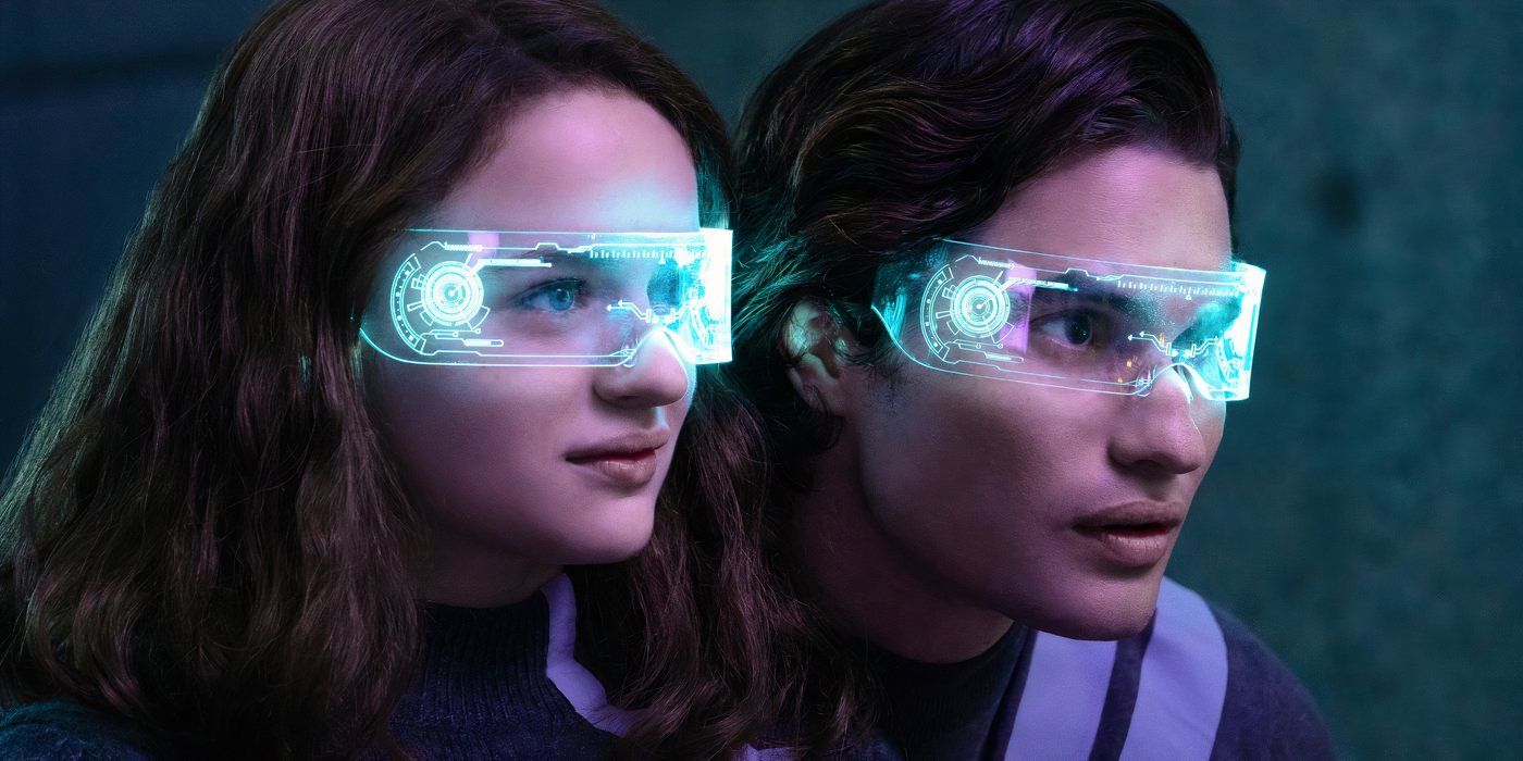 Joey King as Tally and Chase Stokes as Peris with high-tech glasses on in Uglies