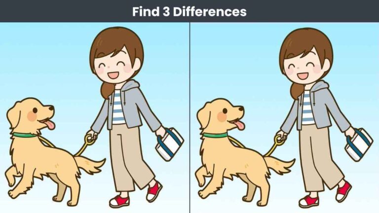 Find 3 differences between the girl walking her dog pictures in 15 seconds!