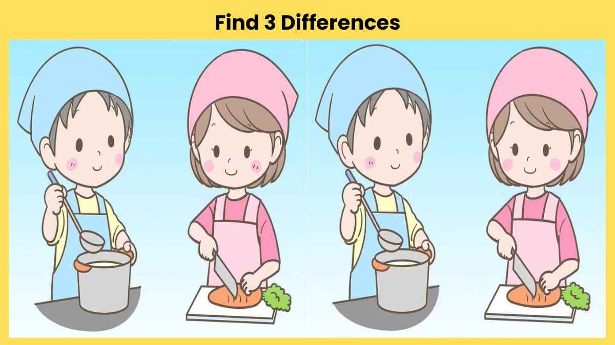 Find 3 differences between the girls cooking in kitchen pictures in 19 seconds!