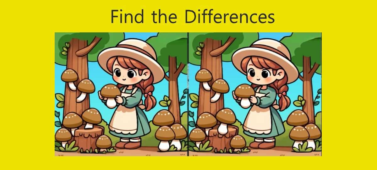 Spot the 3 Differences in Girl Picking Mushrooms– Beat the 33-Second Challenge!