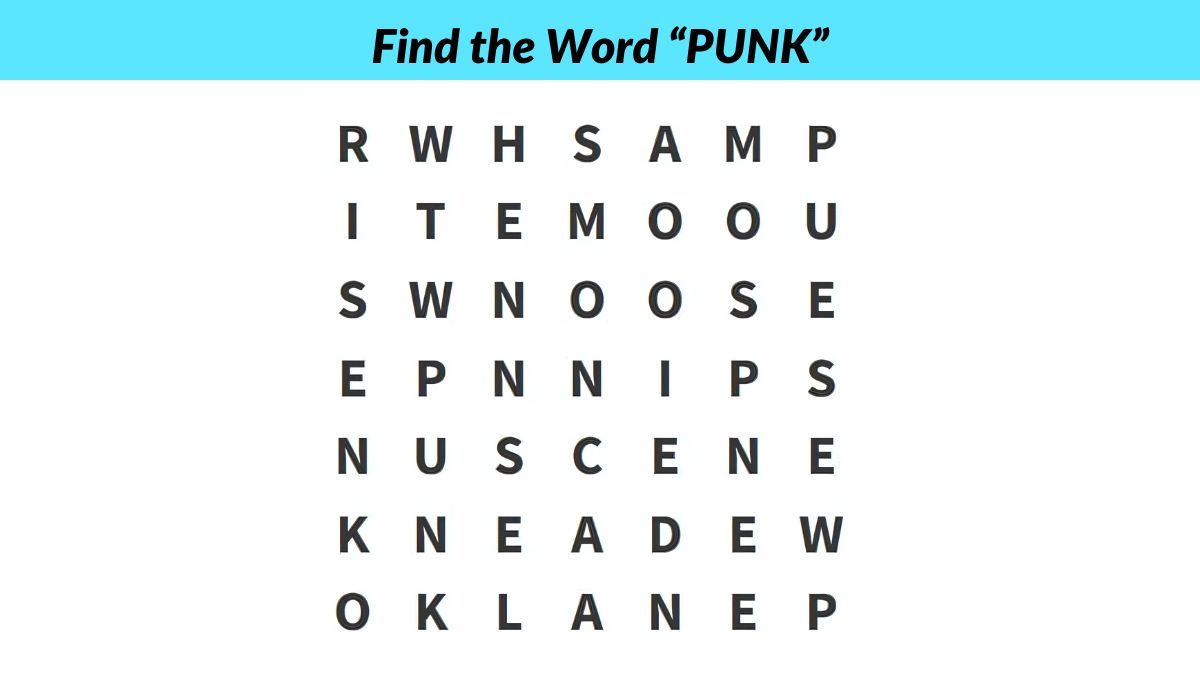 Only the keenest eyes can spot the word “PUNK” in this word puzzle in 6 seconds!