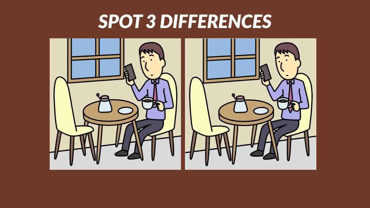 Spot 3 differences between man drinking coffee pictures in 21 seconds!